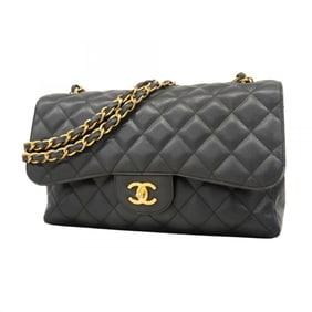 Chanel Shoulder Bag, Deka Matelasse, Double Flap, Chain, Caviar Skin, Black, Women's
