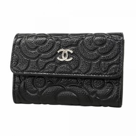 Chanel Camellia Caviar Leather Business Card Case, Black, Women's