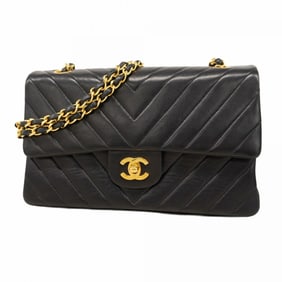 Chanel Shoulder Bag, V-Stitch, Double Flap, Chain, Lambskin, Black, Women's