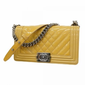 Chanel Boy Shoulder Bag, V-Stitch Chain Patent Leather, Yellow, Women's
