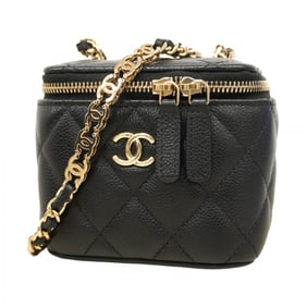 Chanel Matelasse Vanity Bag with Chain Shoulder Strap, Caviar Skin, Black, Champagne, Women's