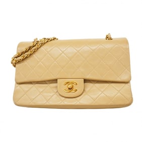 Chanel Matelasse Shoulder Bag with Double Flap and Chain, Lambskin, Beige, Women's, P1594514