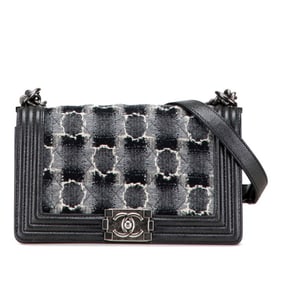 Chanel Check Boy 25 Coco Mark Chain Shoulder Bag in Black, Gray, Wool, and Caviar Skin for Women
