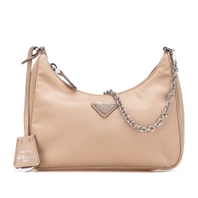 Prada Triangle Logo Plate Chain Shoulder Bag 1BH204 Beige Nylon Leather Women's PRADA