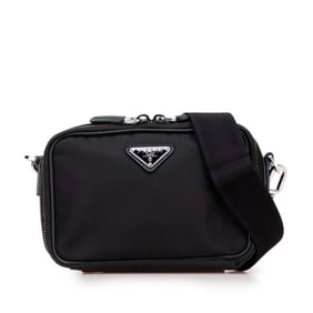 Prada Triangle Logo Plate Shoulder Bag in Black Nylon and Saffiano Leather for Women