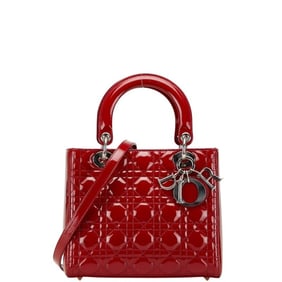 Christian Dior Cannage Lady Medium Handbag/Shoulder Bag, 2-Way, Red Patent Leather, Women's,