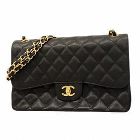 Chanel Shoulder Bag, Deka Matelasse, Double Flap, Chain, Caviar Skin, Black, Women's