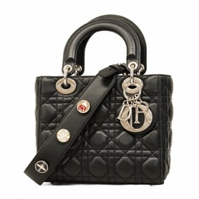 Christian Dior Cannage Lady Handbag, Black Leather, 2-Way Bag for Women