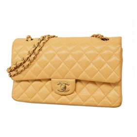 Chanel Matelasse Shoulder Bag with Double Flap and Chain, Lambskin, Beige, Women's, P1395309