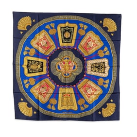 Hermes Hermès Carré 90 Poste et Cavalerie Saber-Decorated Scarf, Blue Multicolor Silk, Women's