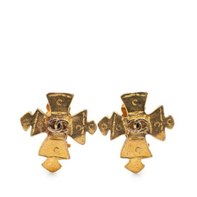 CHANEL Cross Motif Earrings, Gold Plated, Women's