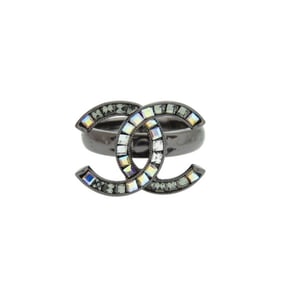 Chanel Coco Mark A15P size 11 metal rhinestone gunmetal ring in silver 1471CHANEL