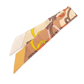Hermès Twilly Eperon d'or Golden Spur Scarf, Brown, Pink, Multicolor, Silk, Women's, HERMES