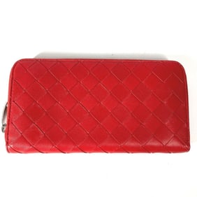 BOTTEGA VENETA 593217 Intrecciato Leather Round Zip Long Wallet for Women, Red