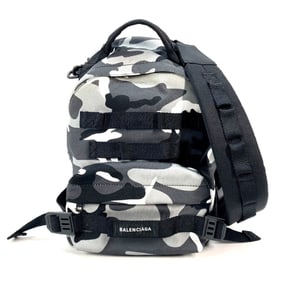 BALENCIAGA 6440312 Camouflage Army Backpack/Shoulder Bag, 2-Way Canvas Rucksack, Men's, Gray/Black