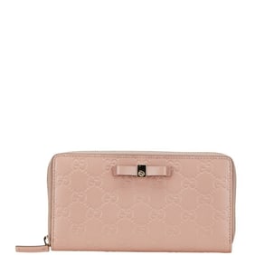 Gucci Guccissima Ribbon Motif Long Wallet with Round Zipper, 388680, Pink Leather, Women's, GUCCI