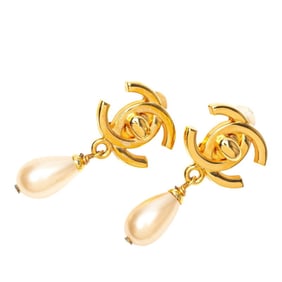 Vintage Chanel Coco Mark Turnlock Motif Swing Earrings in Gold with Faux Pearls for Women