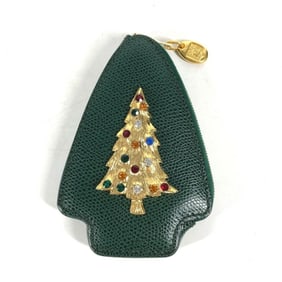 CELINE Rhinestone Tree Coin Purse Wallet Pouch Leather Women's Green