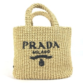 PRADA 1BG422 Basket Bag, Straw Crochet Triangle Logo, Small Lettering Tote Handbag, Raffia, Women's,