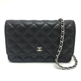 CHANEL AP0250 Coco Mark Matelasse Chain Wallet Shoulder Bag Caviar Skin Women's Silver Hardware