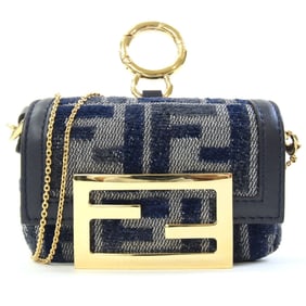 Fendi Nano Bucket Charm 7AS045 Navy Fabric Leather Chain Shoulder Bag Key Ring FF Women's FENDI