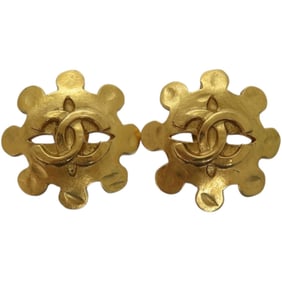 CHANEL Vintage Coco Mark Flower Metal Gold Earrings 0147