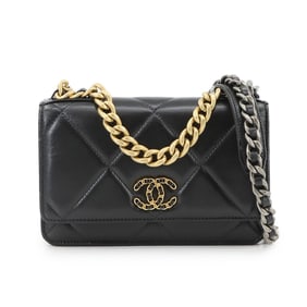 CHANEL 19 Chain Wallet, Bifold Long Black Lambskin, AP0957, Silver and Gold Hardware