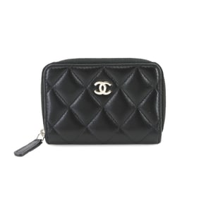 CHANEL Matelasse Coin Case, Black Lambskin with Coco Mark and Silver Hardware, AP0216