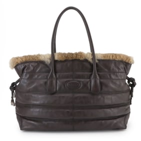 Tod's fur tote bag in brown leather with silver hardware.