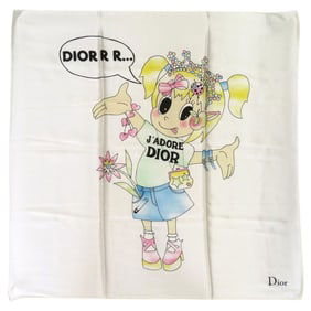 Christian Dior J'ADORE DIOR Scarf/Muffler with Heart, Ribbon, and Flower Design, Silk, White, 0026,