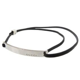 Gucci logo plate choker necklace in 925 silver and black leather. 1708 GUCCI