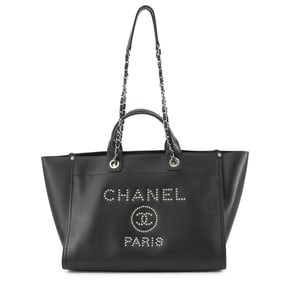 Chanel Deauville Coco Mark Studded Large Caviar Leather Tote Bag A57067 Black 2-Way