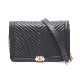 CHANEL Boy Chanel Chevron V-Stitch Shoulder Bag in Lambskin Leather, Women's, Black
