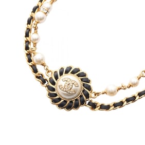 Chanel Coco Mark Choker Accessory, GP (Gold Plated), Leather, Faux Pearl, Rhinestone, Women's, Gold,