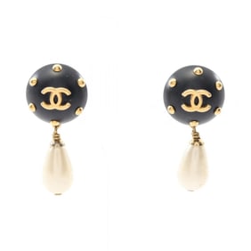 CHANEL Coco Mark Earrings, Gold-Plated, Plastic, with Faux Pearls, Women's, Black, White, Gold