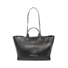 CHANEL Deauville Tote Bag, Calfskin Leather, Women's, Black, A57067