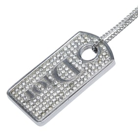 Christian Dior Dior logo dog tag pendant necklace in silver metal with rhinestones for women.