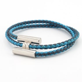 Hermes Bracelet Tourni Tresse Blue Navy Leather Metal Bangle Women's HERMES