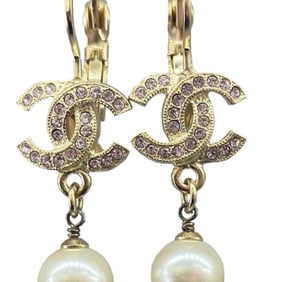 CHANEL Coco Mark Earrings, Champagne Gold, 15S, Pearl, Rhinestone, GP, Women's
