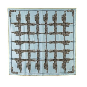 Cartier Panther Scarf Muffler Light Blue Yellow Multicolor Silk Women's CARTIER