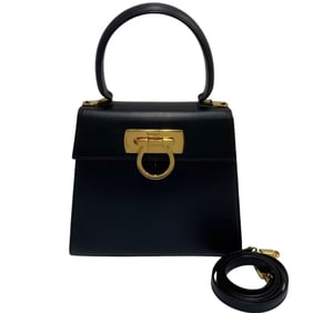 Salvatore Ferragamo Gancini Hardware Leather 2way Shoulder Bag Handbag Navy