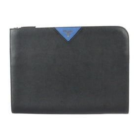 PRADA SAFFIANO TRAVEL Document Case, Second Bag, 2VN003, Leather, Black, Blue, L-Shaped, Clutch