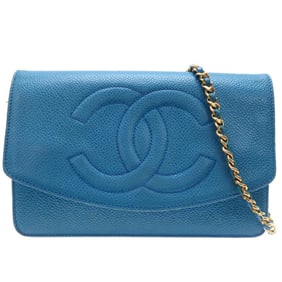 Chanel Shoulder Strap Coco Mark Chain Wallet Women's Bag 8654 Caviar Skin Blue