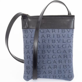 BVLGARI Mania Sacoche Denim Shoulder Bag 21528 Canvas Leather Blue Black Women's