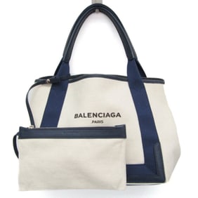 Balenciaga Navy Kabas S Stripe 339933 Women's Canvas,Leather Handbag Black,Cream,Navy