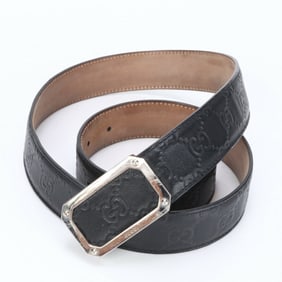 Gucci Guccissima 90 36 162946 Leather Belt Silver Buckle Black Men's