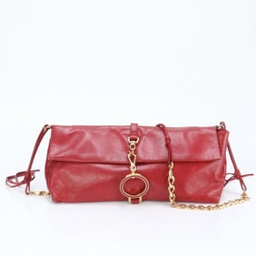Prada Gold Chain Leather Shoulder Bag Hand Tote Red Women's