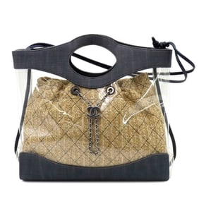 CHANEL Matelasse 2way Tote Shoulder Bag Vinyl Raffia Denim Leather Clear Navy Silver Metal Fittings