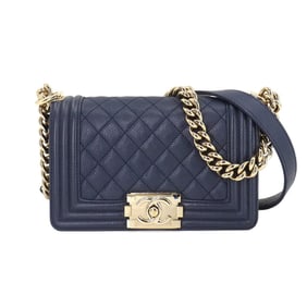 CHANEL Boy Chanel Small Chain Shoulder Bag Caviar Skin Navy A67085 Gold Metal Fittings
