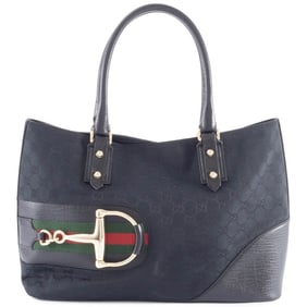 Gucci Horsebit Tote Bag in Black GG Canvas with Sherry Line (137385)